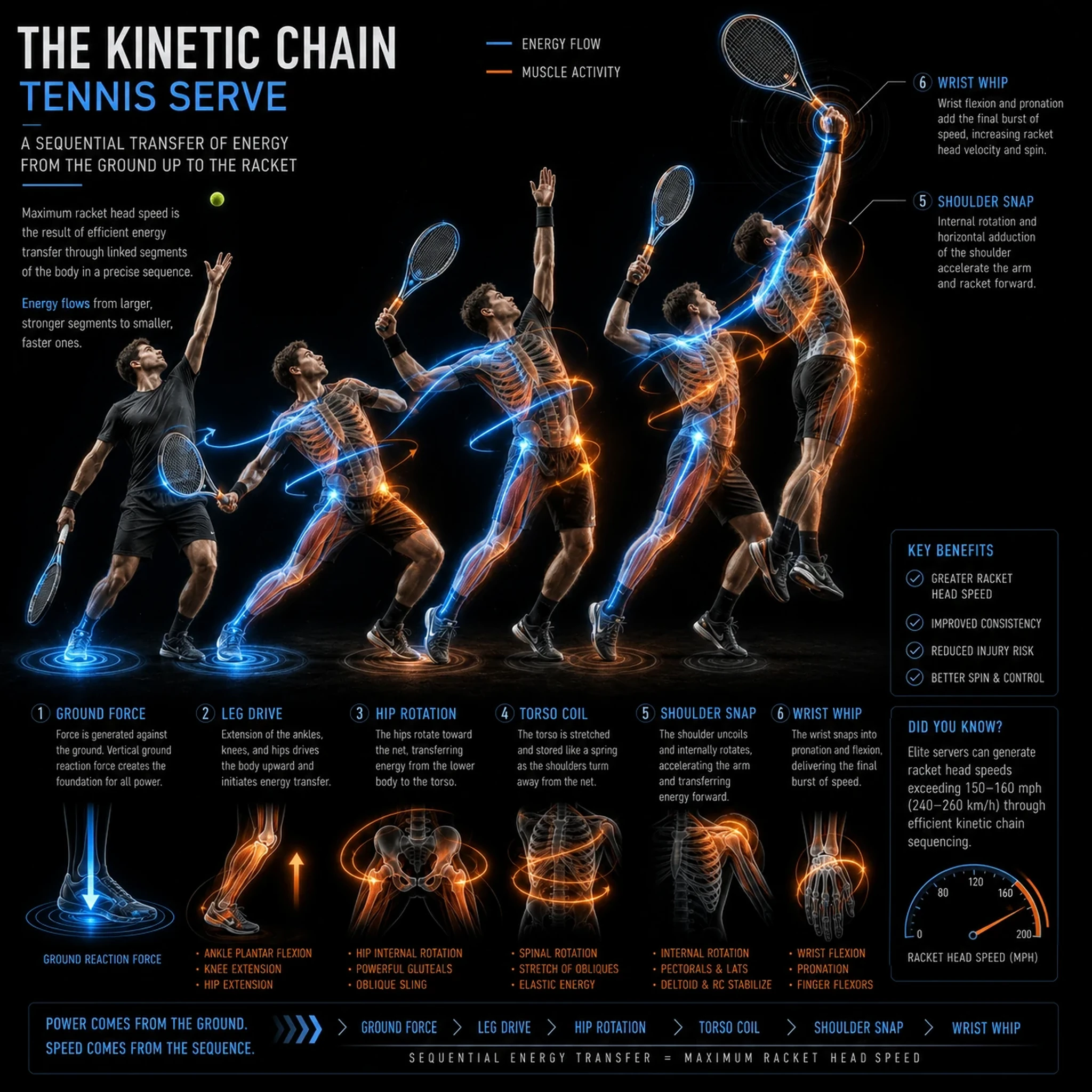 Kinetic chain diagram showing energy flow in tennis serve