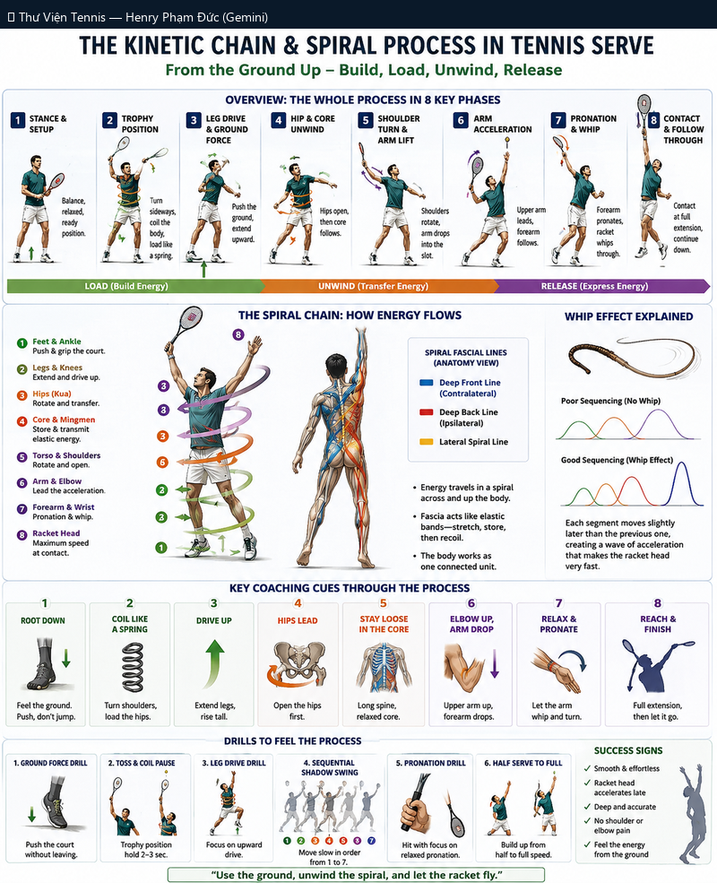 Kinetic Chain & Spiral Process Trong Tennis Serve: Build → Load → Unwind → Release