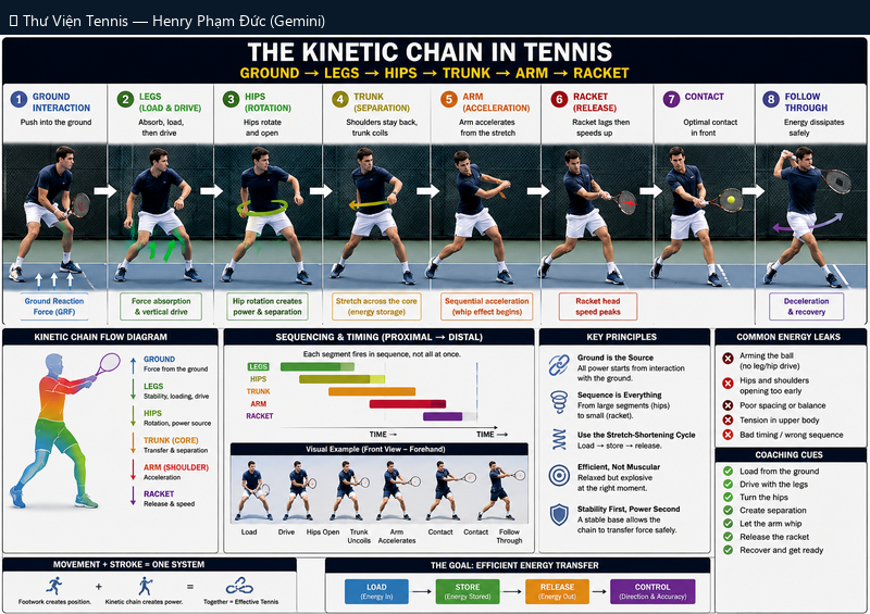 The Kinetic Chain In Tennis: Ground → Legs → Hips → Trunk → Arm → Racket