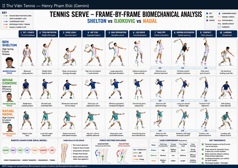 Tennis Serve – Phân Tích Từng Khung Hình: Shelton vs Djokovic vs Nadal